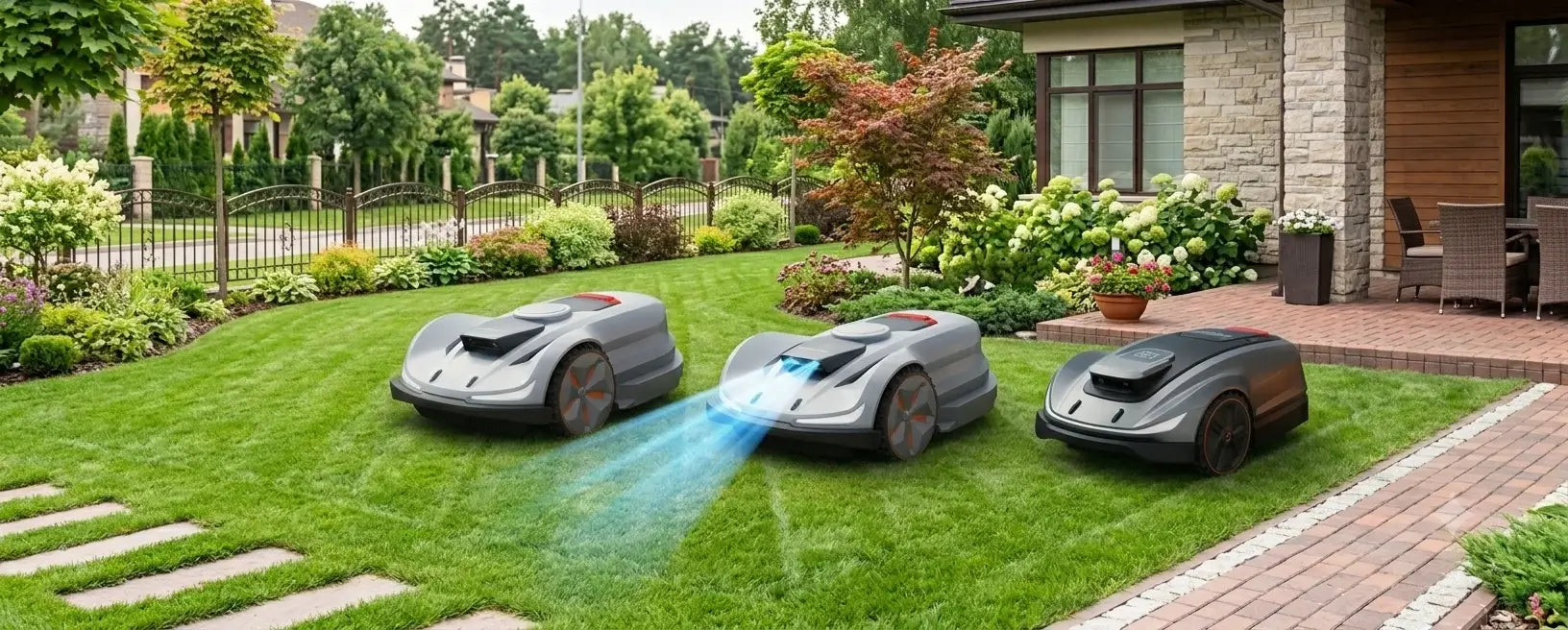 Three robotic lawn care mowers are shown in a landscaped backyard with a brick walkway, green lawn, flowers, and a house in the background. The mowers appear to be emitting a blue light or scan pattern across the grass.