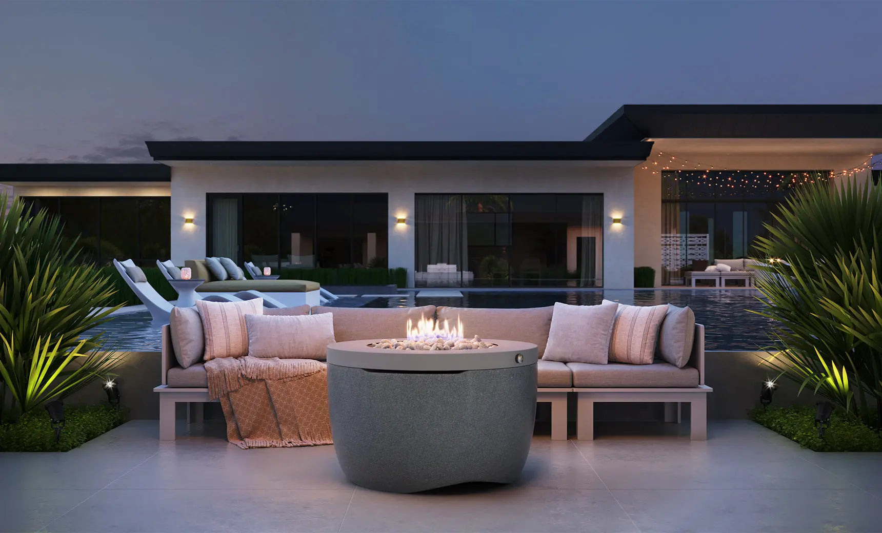 Halo firepit with gray stone surround and blue flame feature