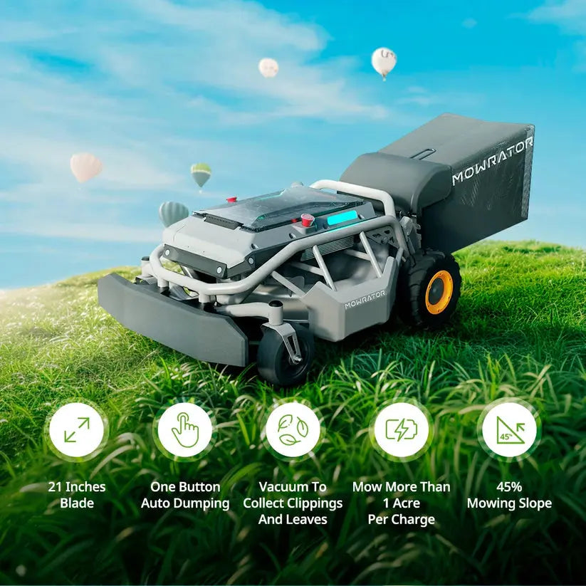 Robotic lawn mower on grass with features highlighted against a blue sky with balloons.