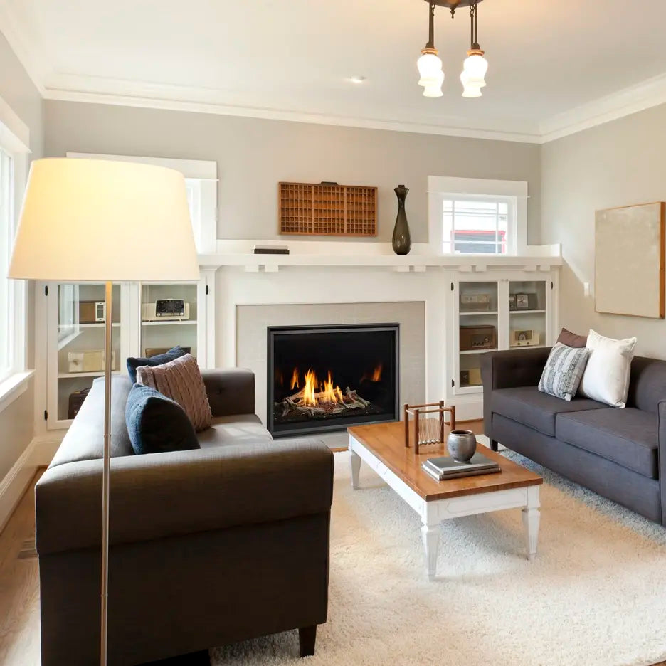 Majestic Meridian Modern 42-inch direct vent gas fireplace with sleek glass front and metal frame.