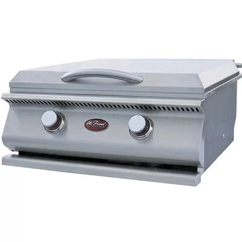 Stainless steel Cal Flame hibachi gas grill on outdoor patio