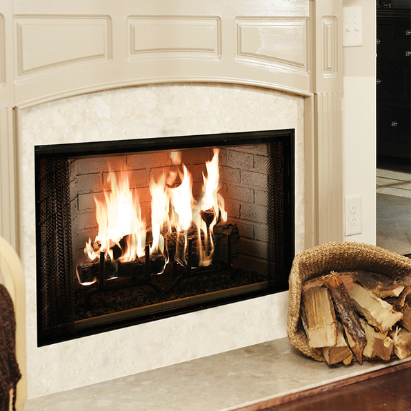 Majestic Royalton 36-inch radiant wood burning fireplace with glass front and iron detailing.