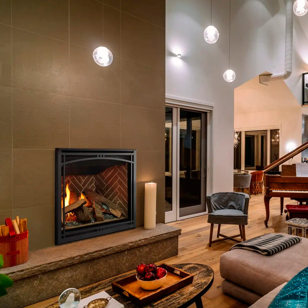 Majestic Meridian Modern 36" direct vent gas fireplace with sleek glass front and metal trim.