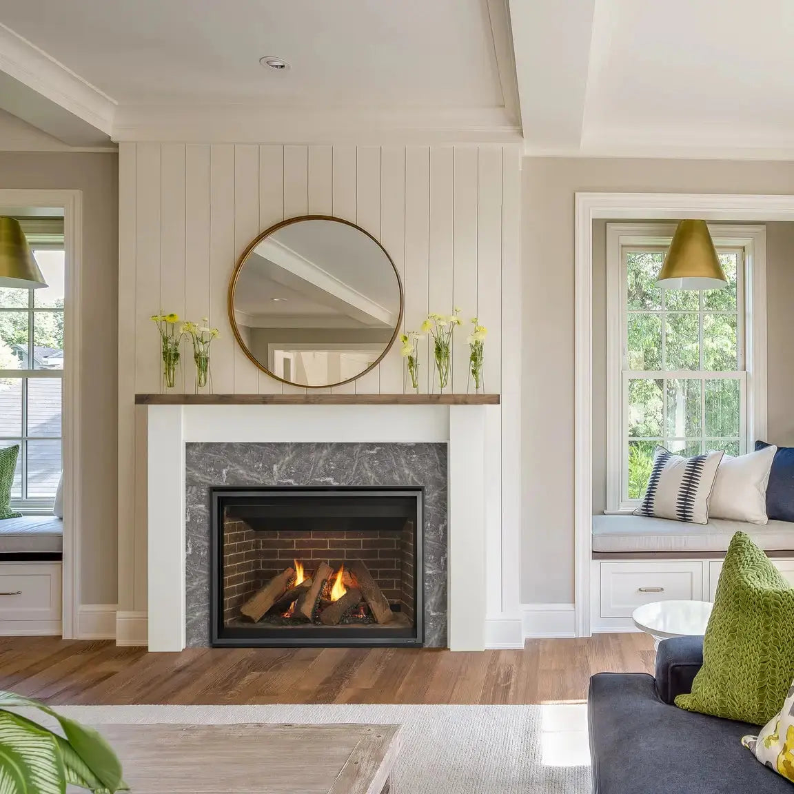 Majestic Meridian Modern 36" direct vent gas fireplace with sleek glass front and metal frame.
