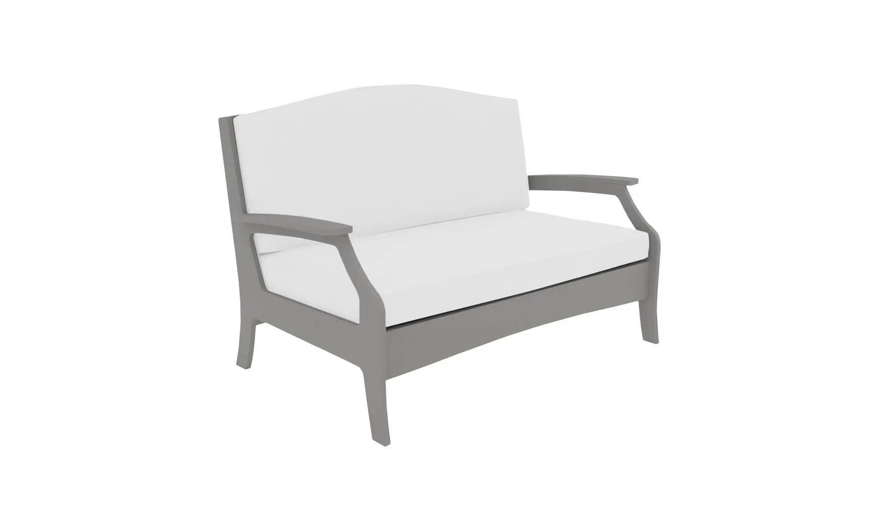Leather-wrapped legacy loveseat with tufted back and armrests, sleek wooden legs.