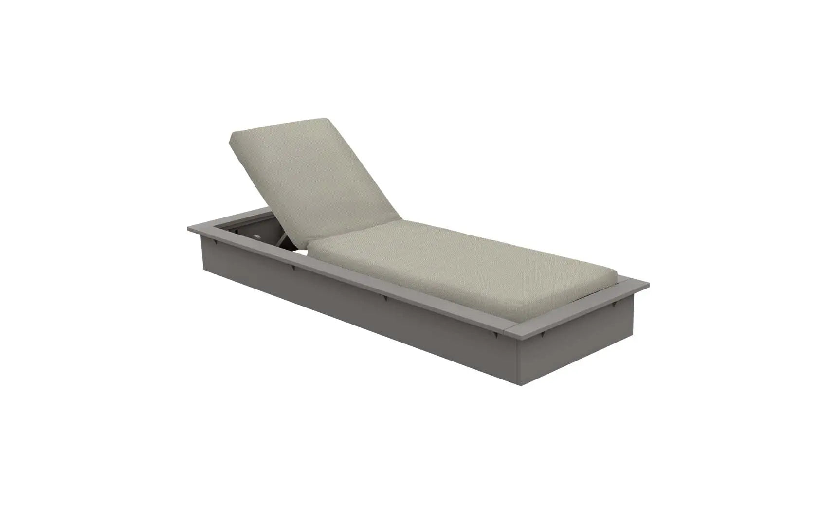 Echo Chaise lounge chair in gray fabric with wooden frame and curved backrest