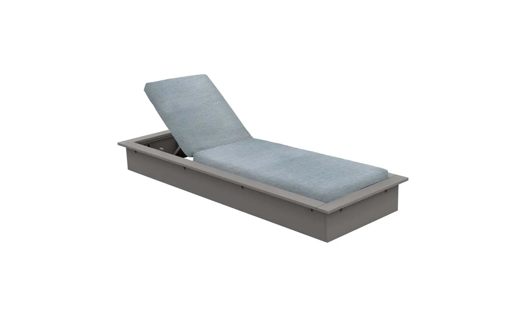 Echo Chaise lounge chair in gray fabric with wooden frame and curved backrest