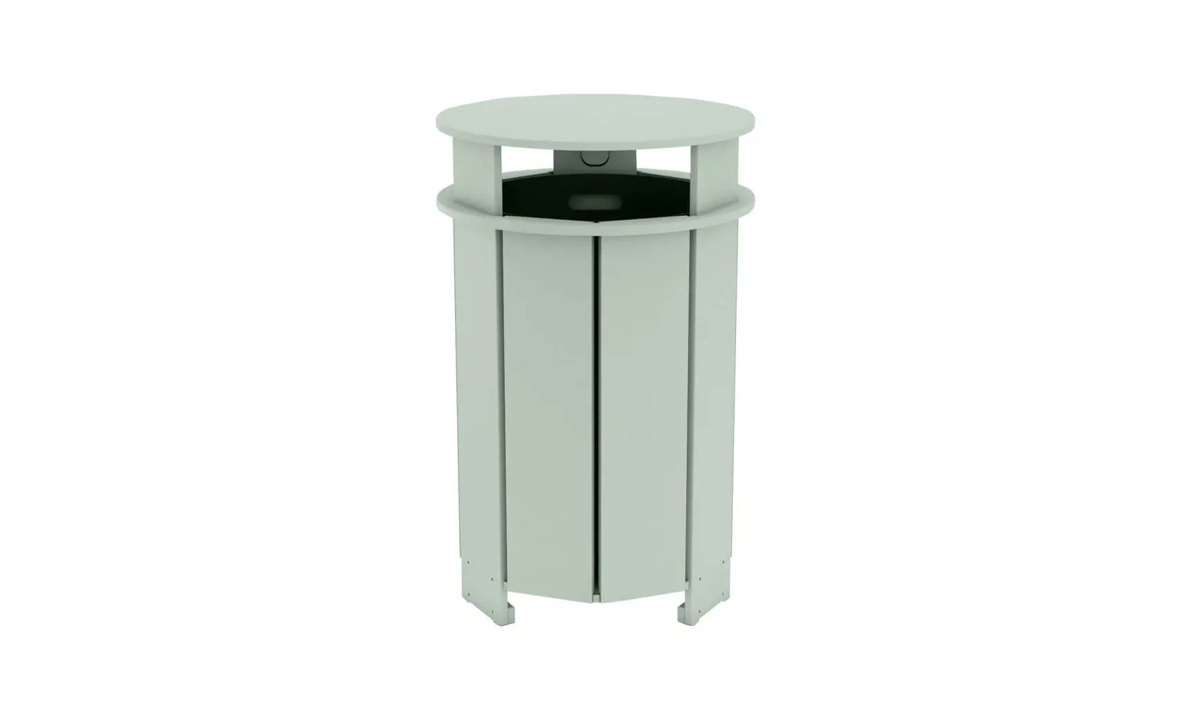 Mainstay gray plastic trash bin with lid closed and four wheels.