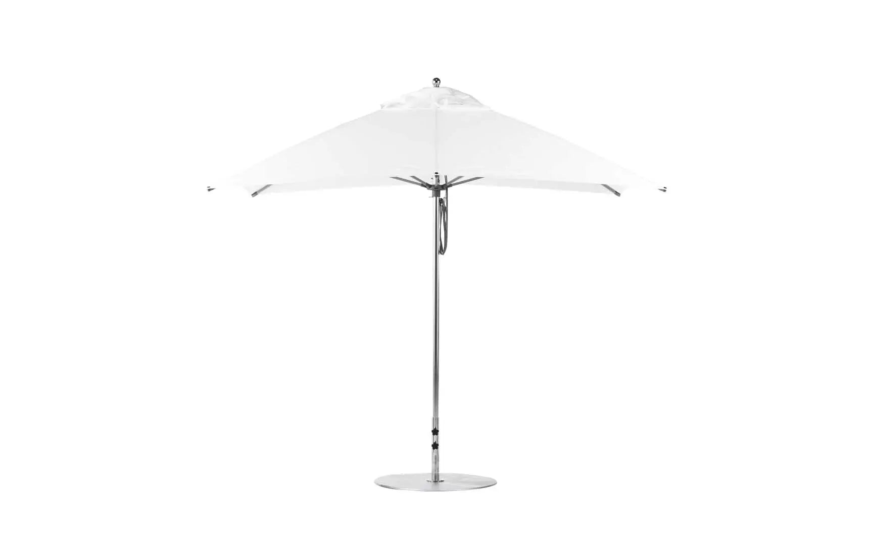 10-foot square pulley essential fiberglass umbrella in white with black ribs and base