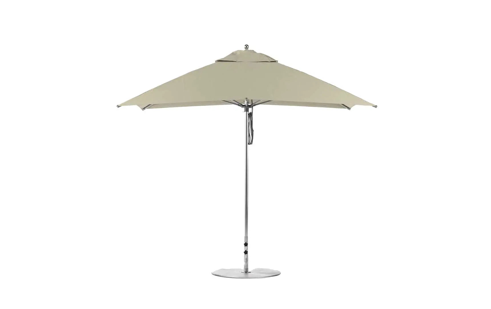 10-foot square pulley essential fiberglass umbrella in white with black ribs and silver hardware