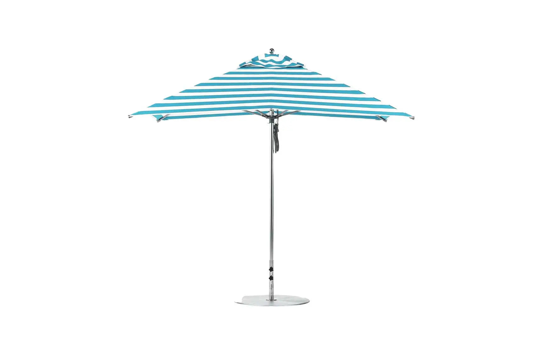 10-foot square pulley essential fiberglass umbrella in white with black ribs and silver hardware.