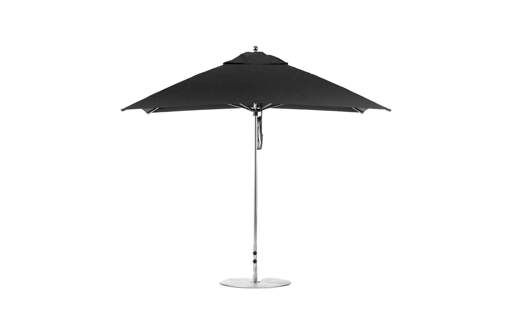 10-foot square pulley essential fiberglass umbrella in white with black ribs and silver hardware