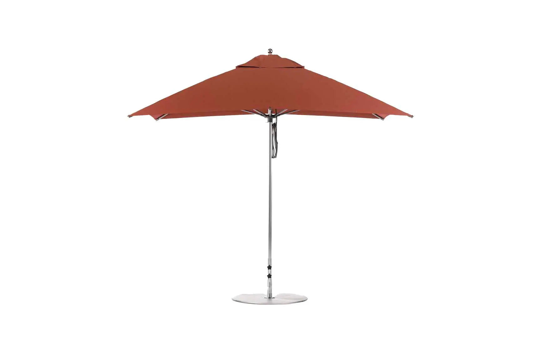 10-foot square pulley essential fiberglass umbrella in white with black ribs and silver hardware.