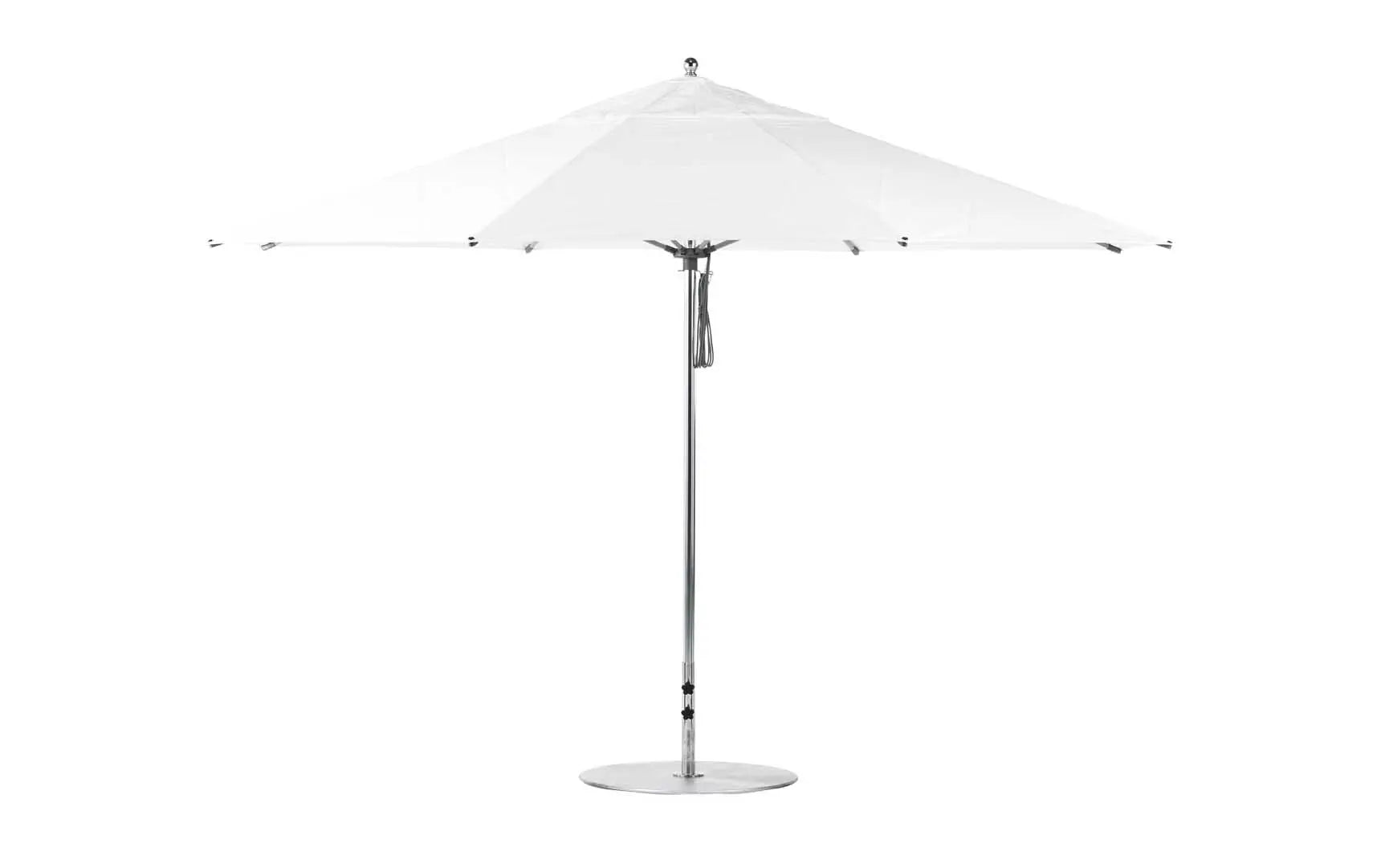 13-foot octagonal fiberglass umbrella with black canopy and silver poles