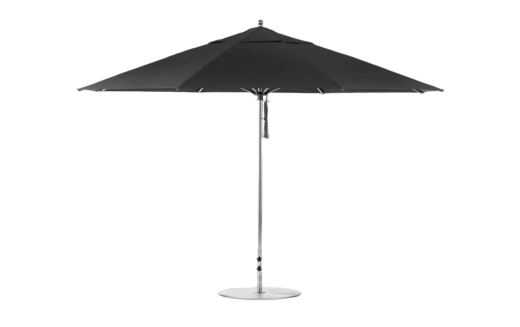 13-foot octagonal fiberglass umbrella with black canopy and silver poles