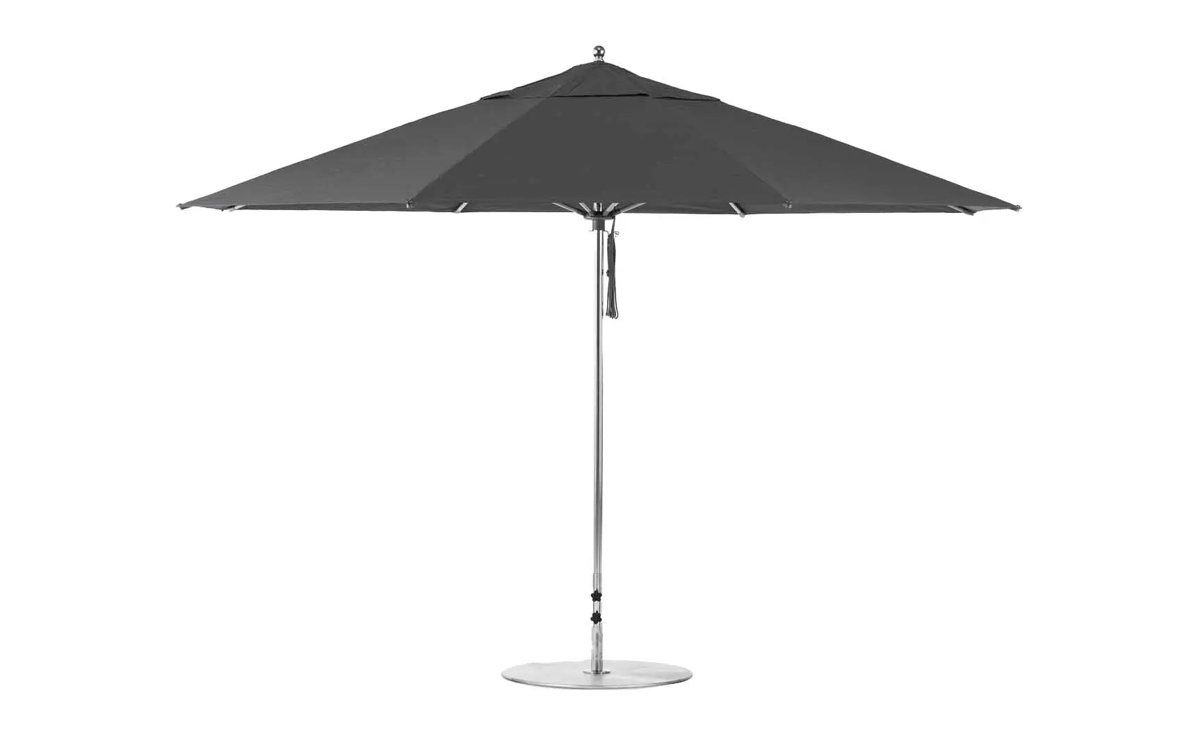 13-foot octagonal fiberglass umbrella with black canopy and silver poles