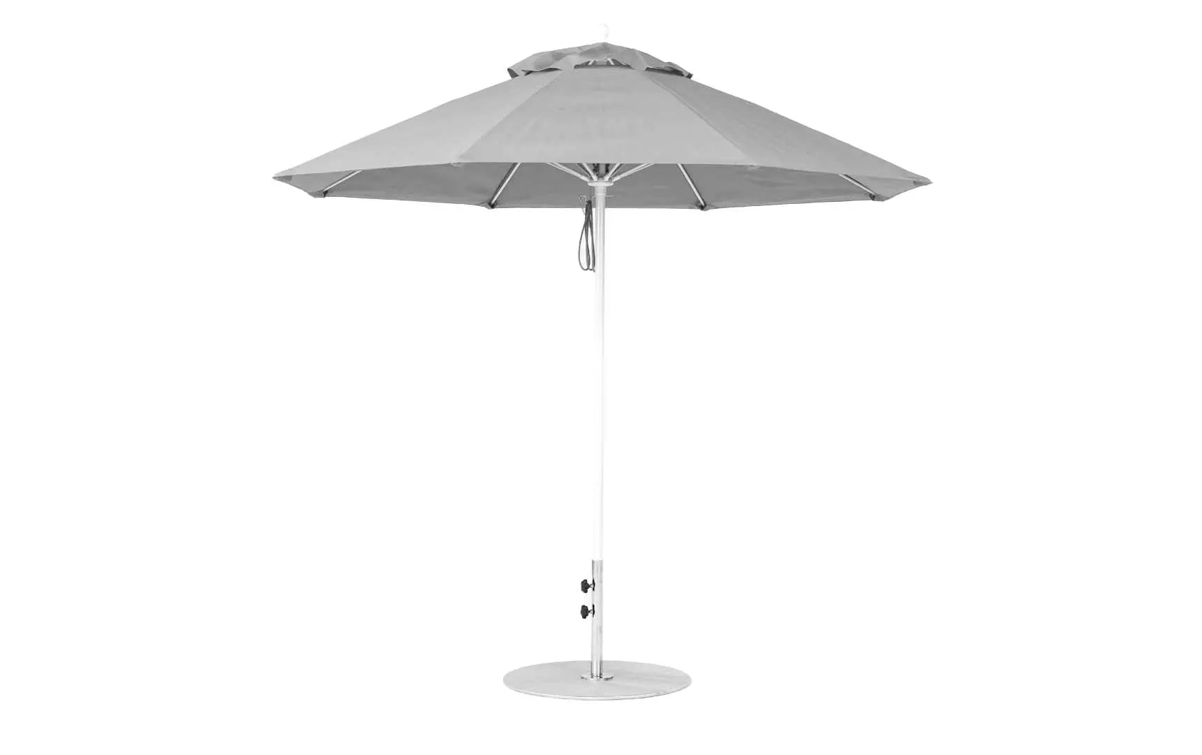 9-foot octagonal fiberglass umbrella with black canopy and silver ribs