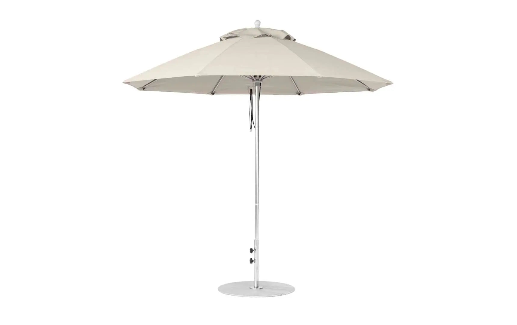9-foot octagonal fiberglass umbrella with black canopy and silver ribs