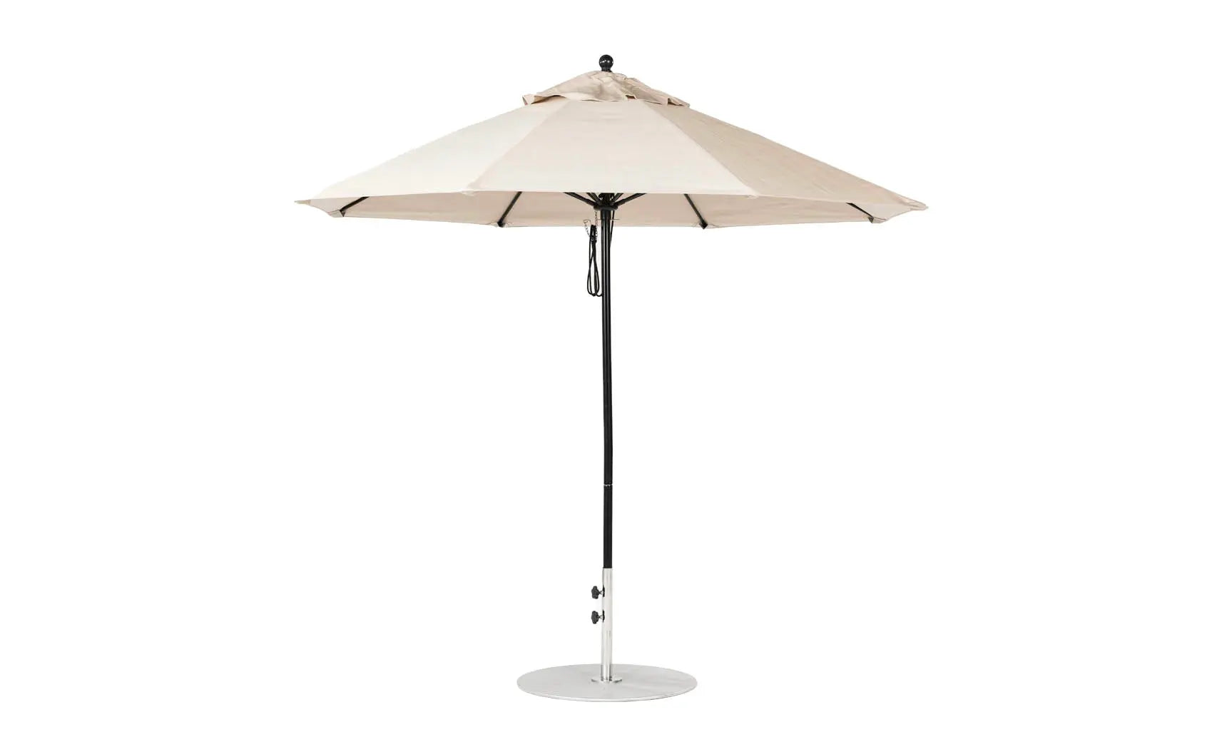 9-foot octagonal fiberglass umbrella with black canopy and silver ribs