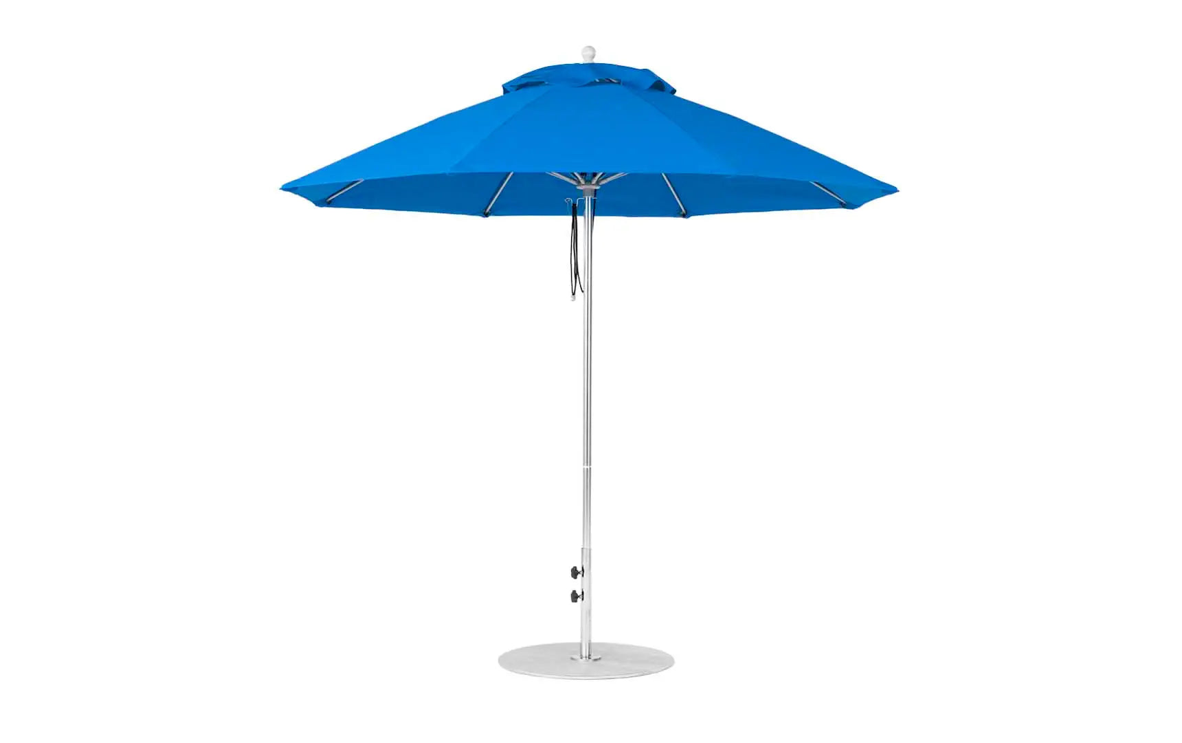 9-foot octagonal fiberglass umbrella with black ribs and silver canopy