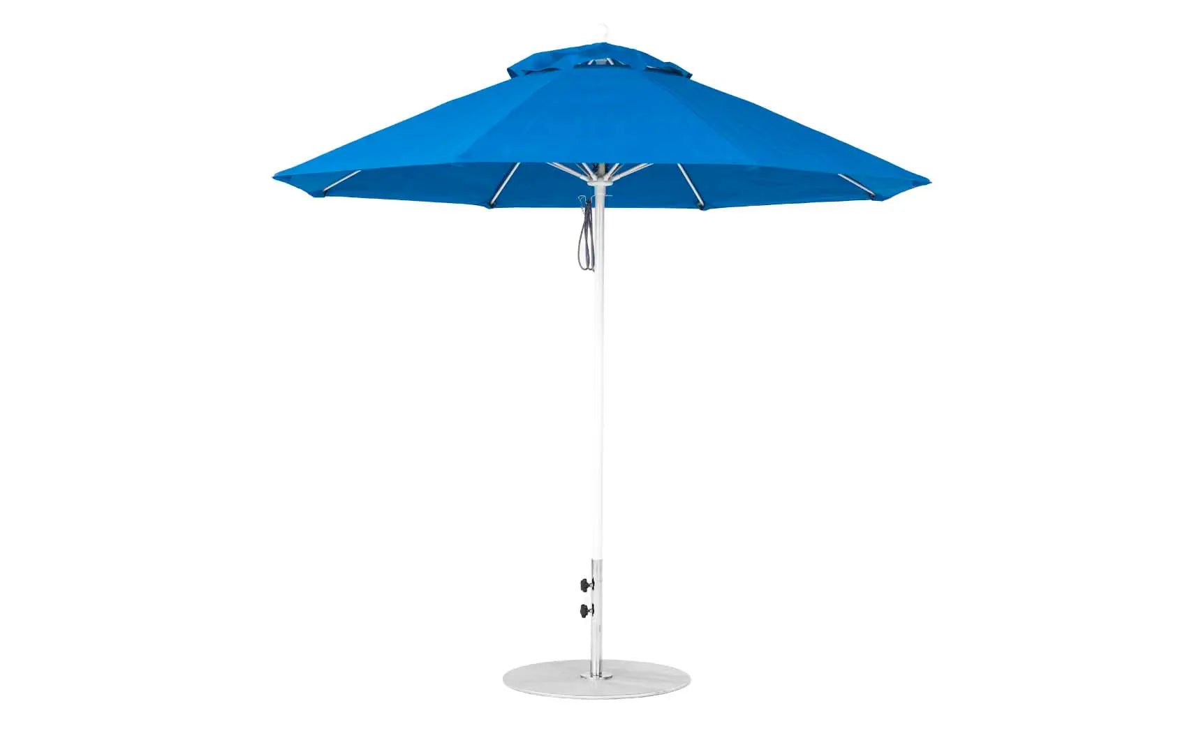 9-foot octagonal fiberglass umbrella with black ribs and silver canopy