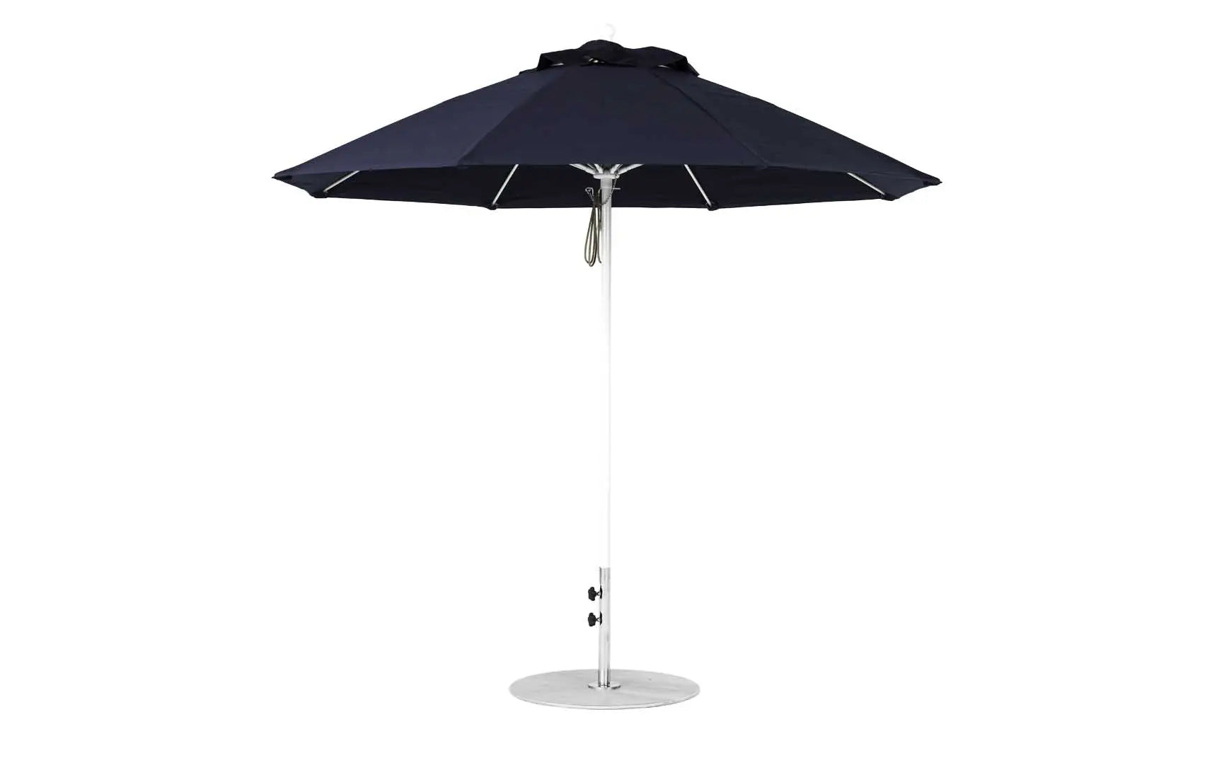9-foot octagonal fiberglass umbrella with black canopy and silver ribs