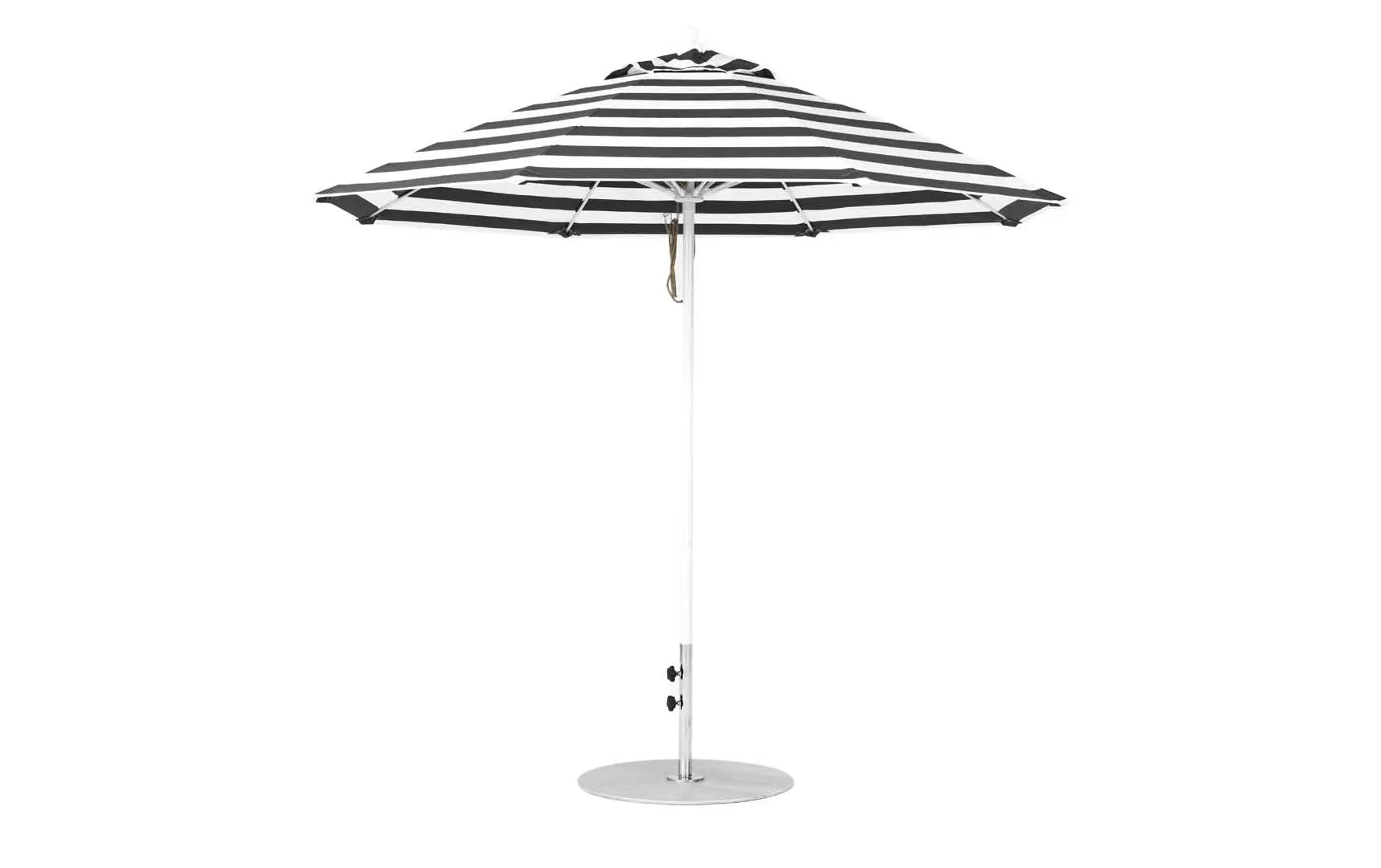 9-foot octagonal fiberglass umbrella with black canopy and silver ribs