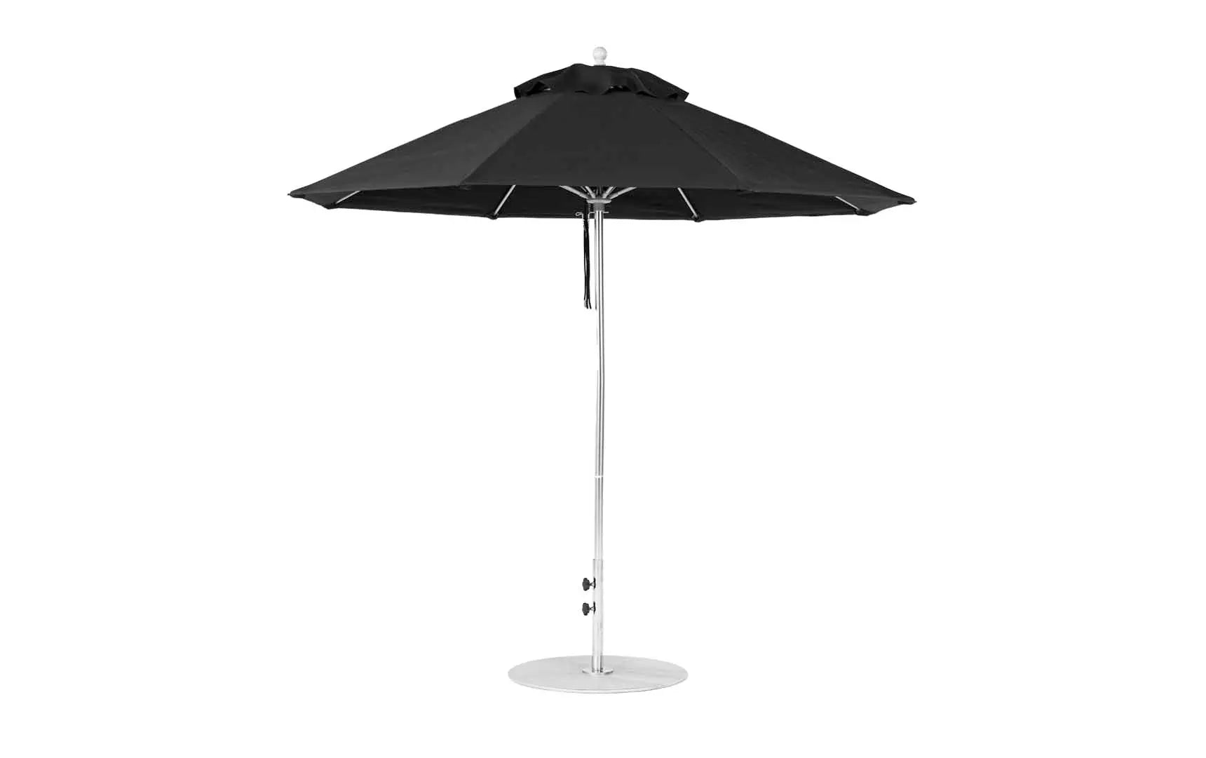 9-foot octagonal fiberglass umbrella with black canopy and silver ribs