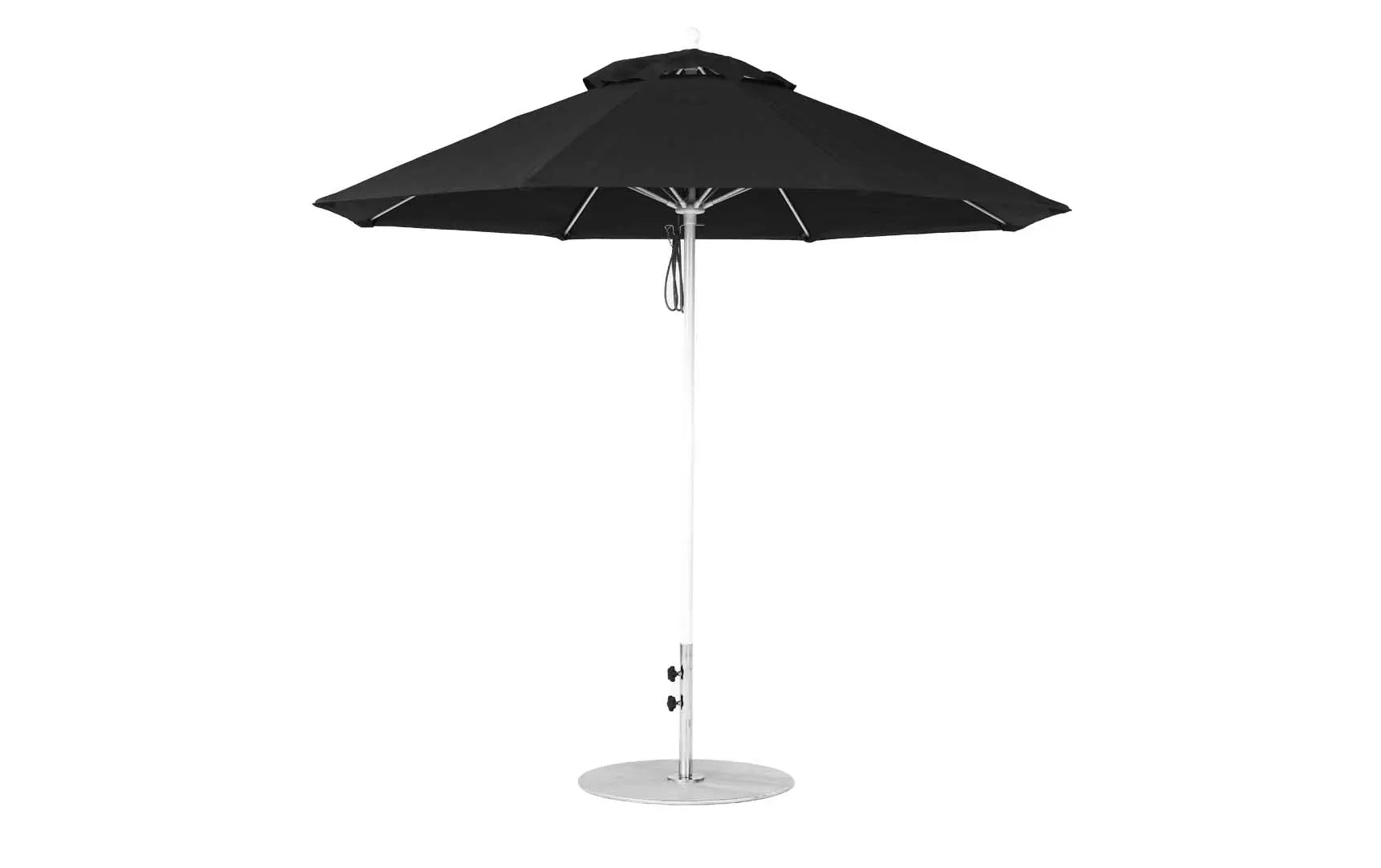 9-foot octagonal fiberglass umbrella with black ribs and silver canopy