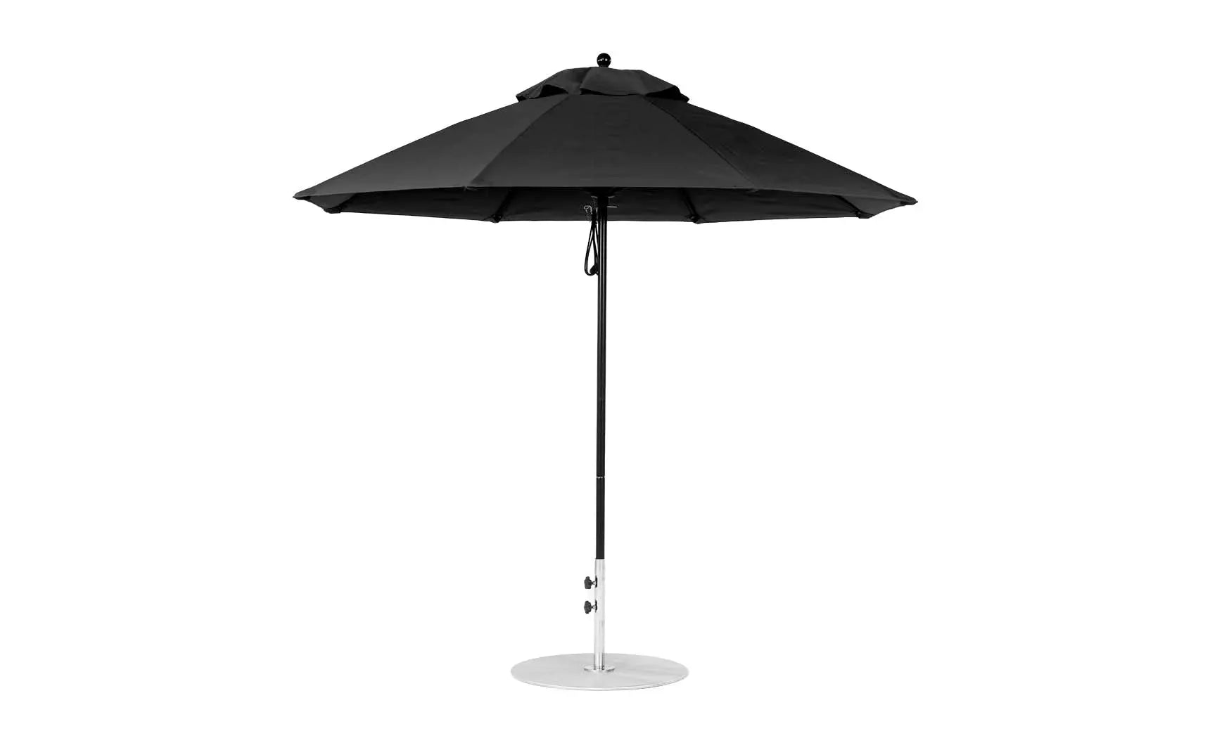 9-foot octagonal fiberglass umbrella with black canopy and silver ribs
