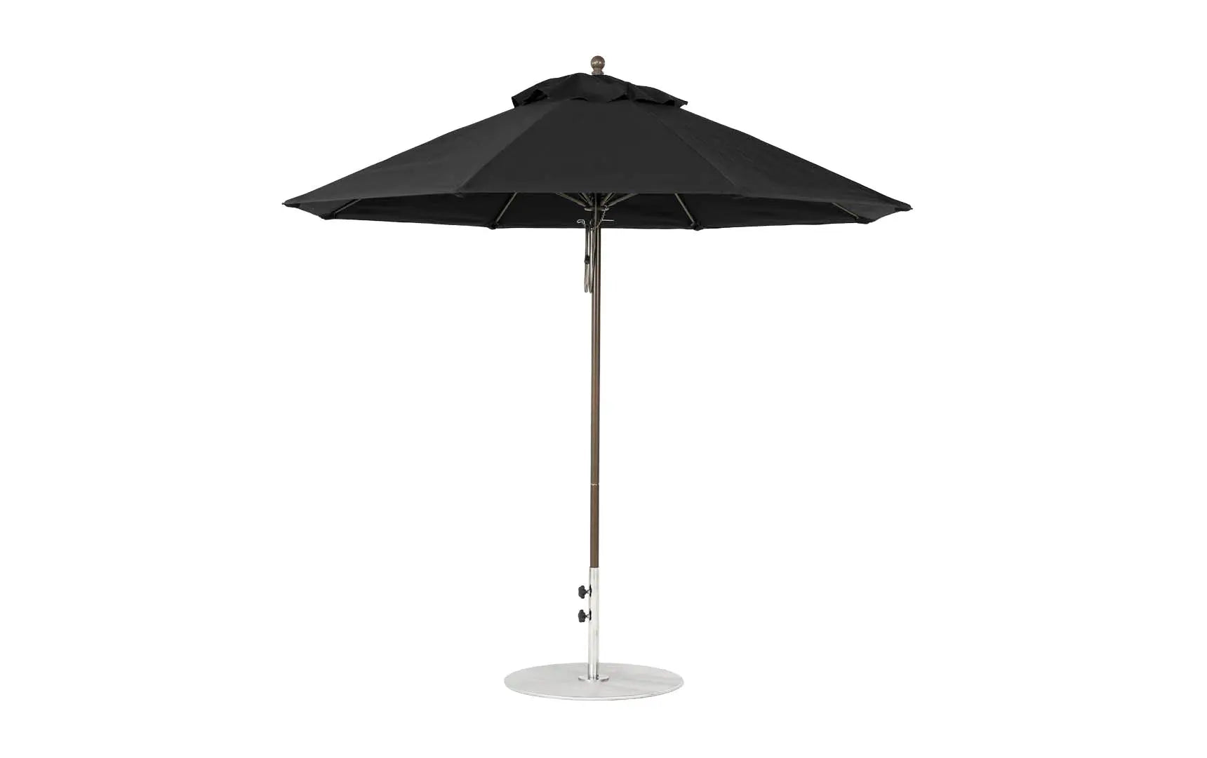 9-foot octagonal fiberglass umbrella with black canopy and silver ribs