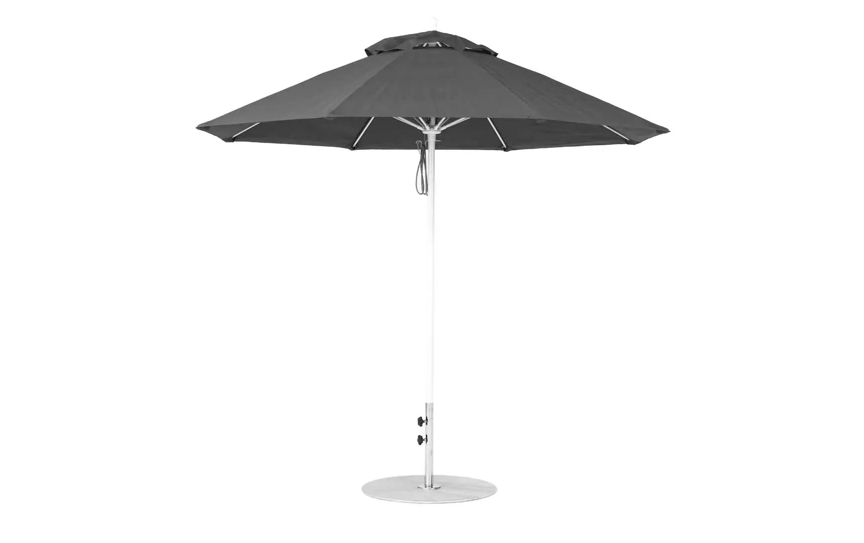 9-foot octagonal fiberglass umbrella with black canopy and silver ribs