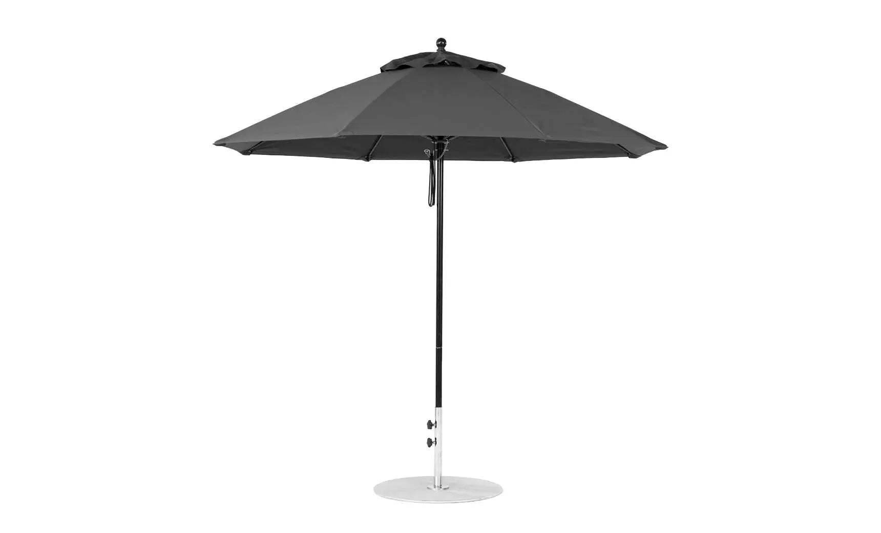 9-foot octagonal fiberglass umbrella with black canopy and silver ribs