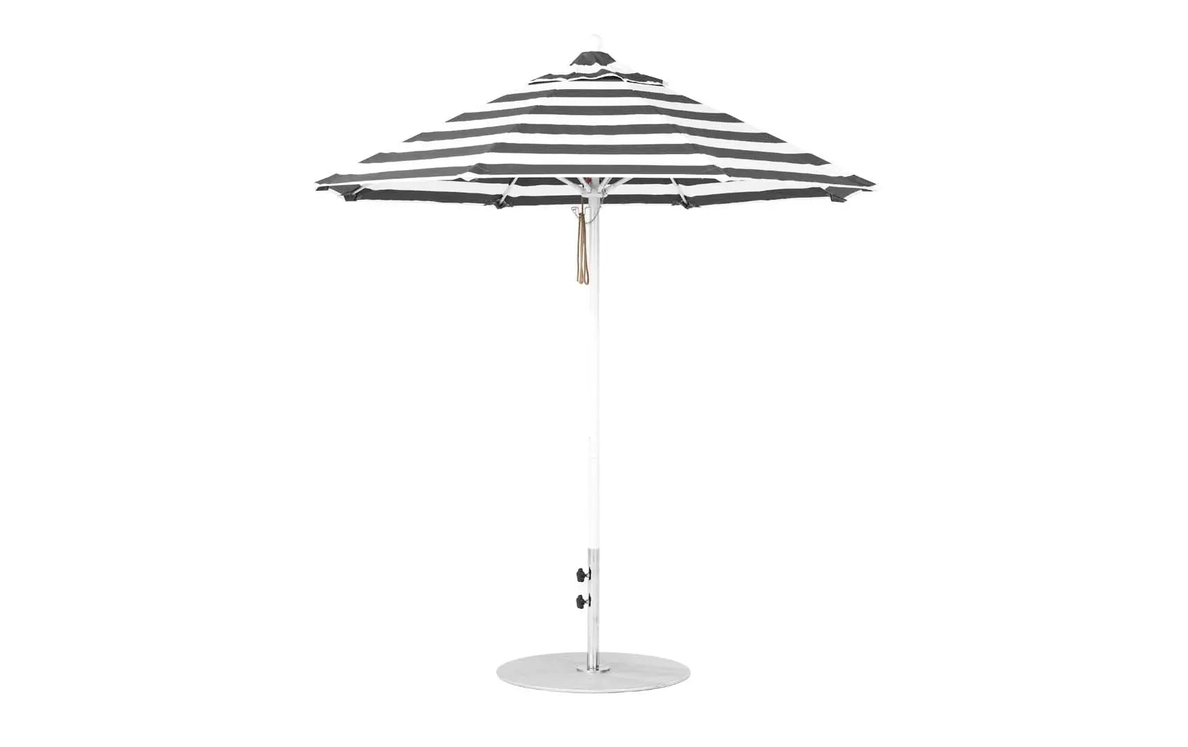 7.5-foot octagonal fiberglass umbrella with black ribs and silver canopy
