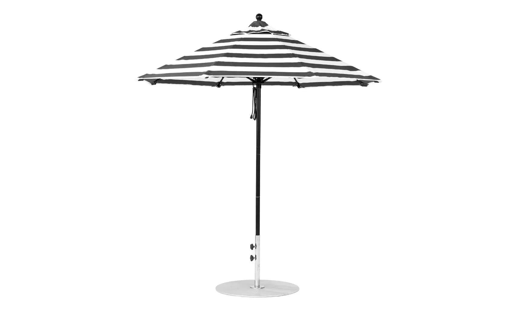 7.5-foot octagonal fiberglass umbrella with black ribs and silver canopy