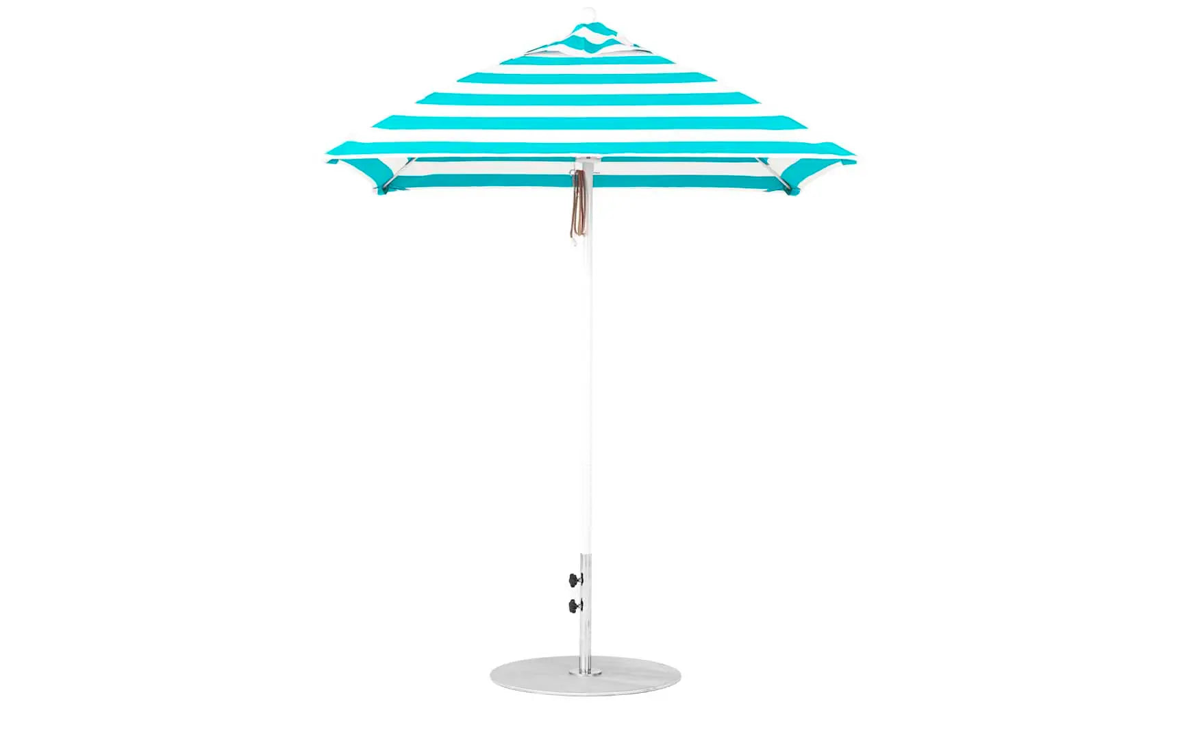 6.5-foot square fiberglass umbrella in essential pulley design with black ribs and silver canopy