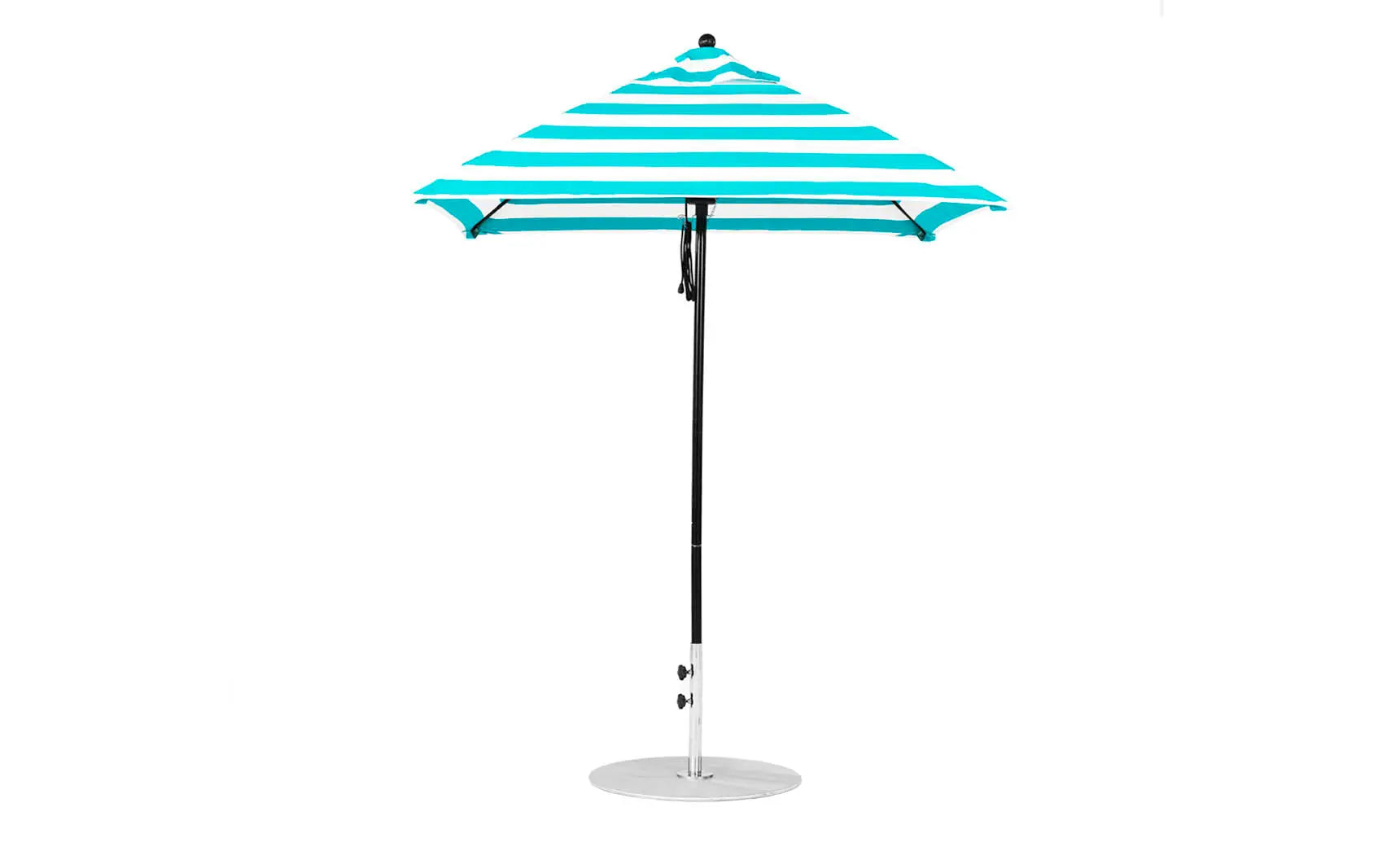 6.5-foot square fiberglass umbrella in essential pulley design with black ribs and canopy.
