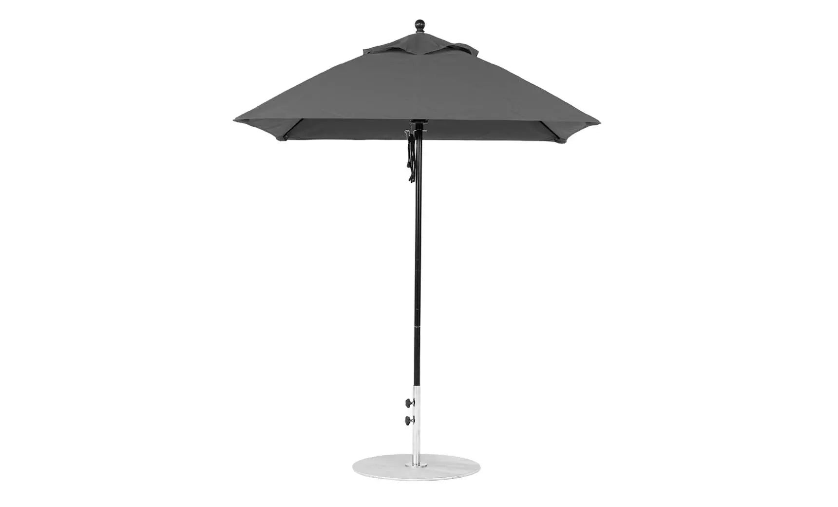 6.5-foot square fiberglass umbrella in essential pulley design with black ribs and silver canopy