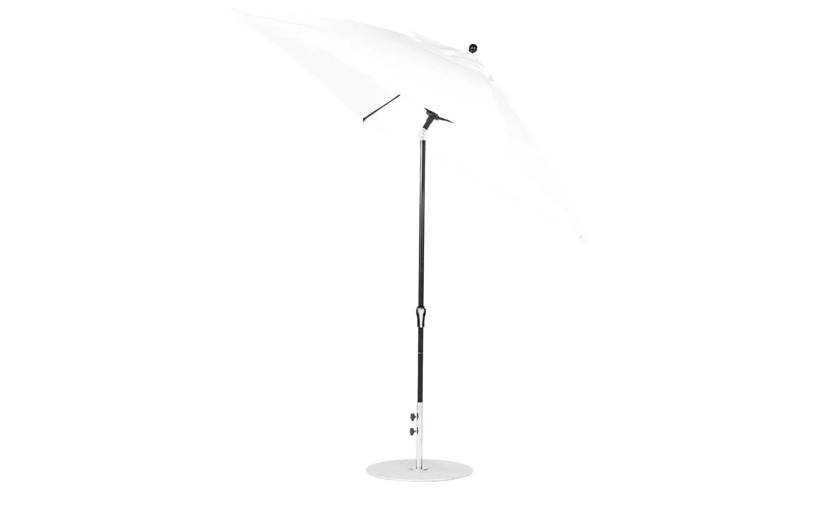 7.5-foot square crank auto tilt essential fiberglass umbrella in white with black ribs and base