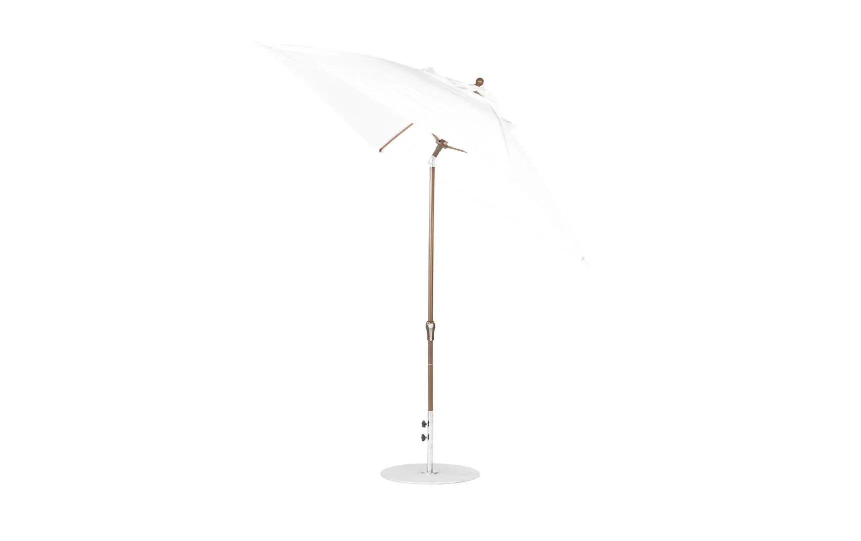 7.5-foot square crank auto tilt essential fiberglass umbrella in white with wooden ribs and black base