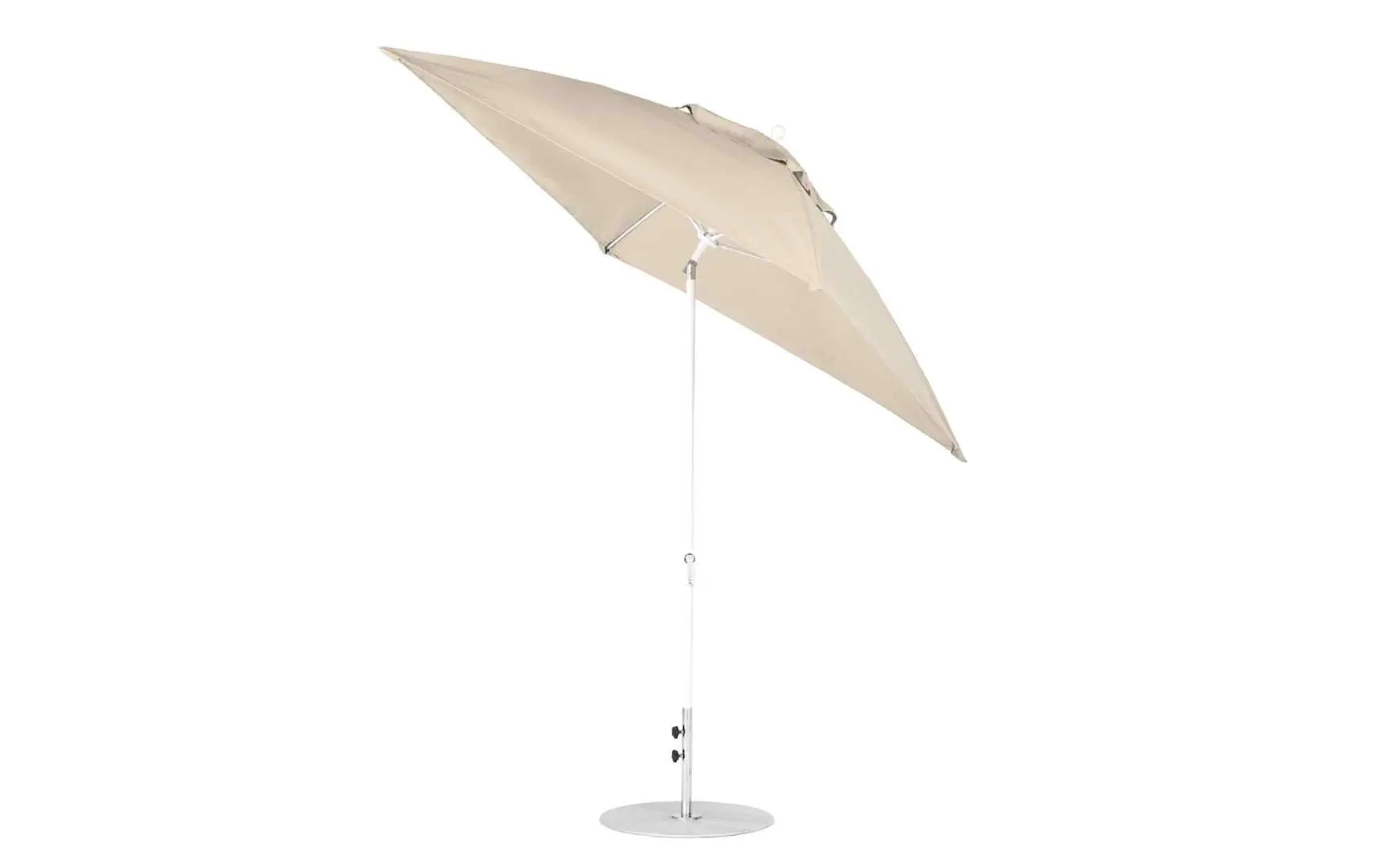 7.5 foot square crank auto tilt essential fiberglass umbrella in white with black ribs and base