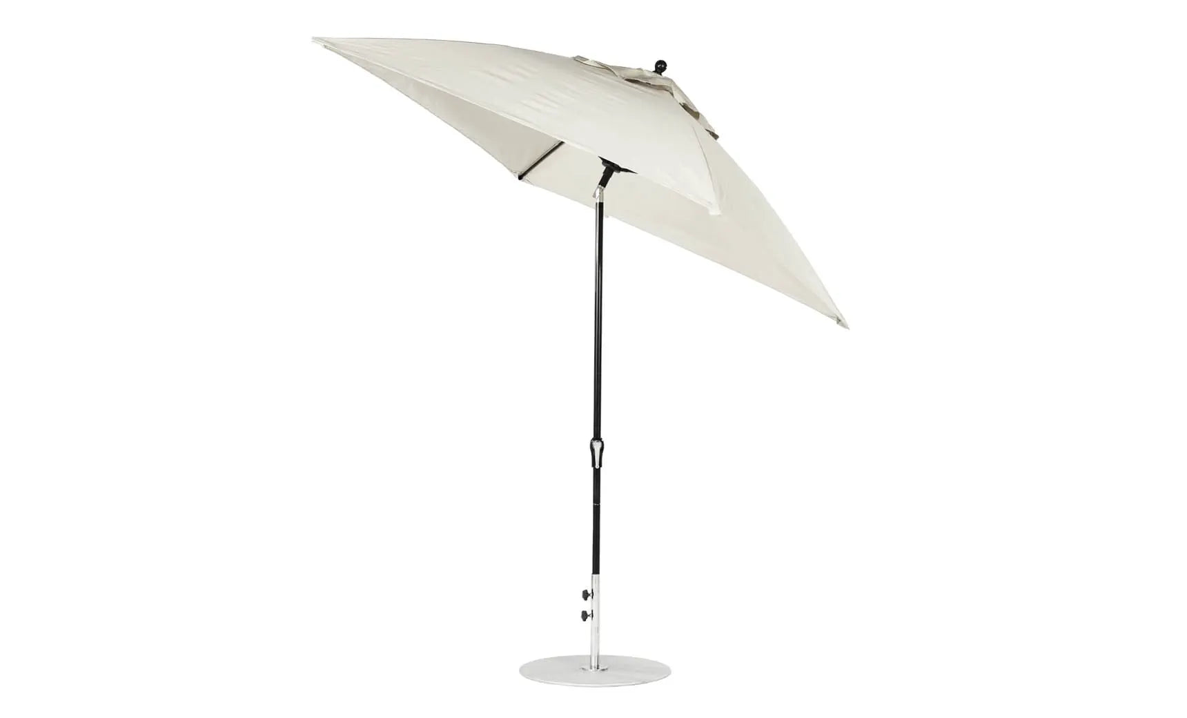 7.5-foot square crank auto tilt essential fiberglass umbrella in white with black ribs and base
