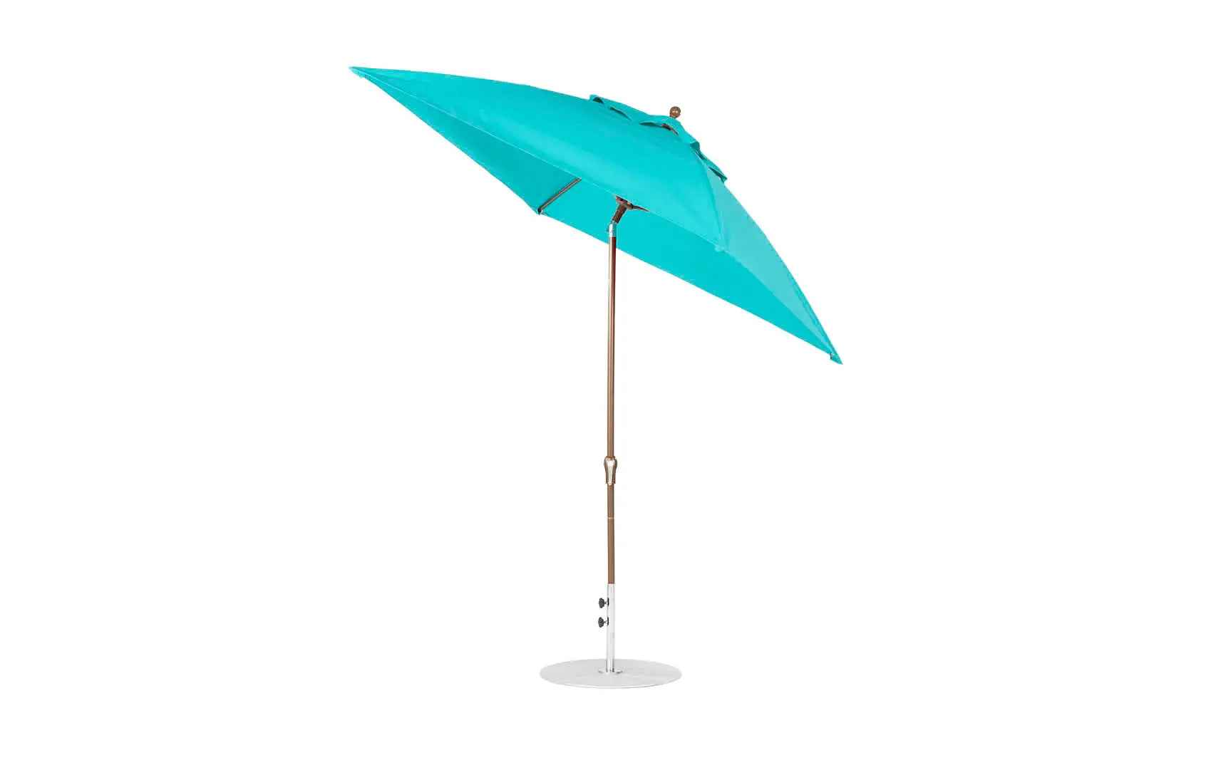 7.5-foot square crank auto tilt essential fiberglass umbrella in white with wooden frame and black base