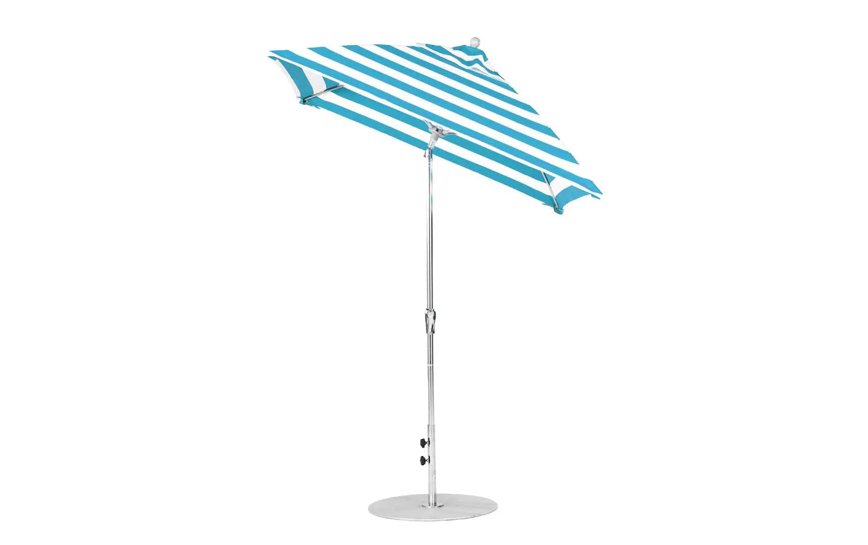 7.5-foot square crank auto tilt essential fiberglass umbrella in white with wooden ribs and silver accents