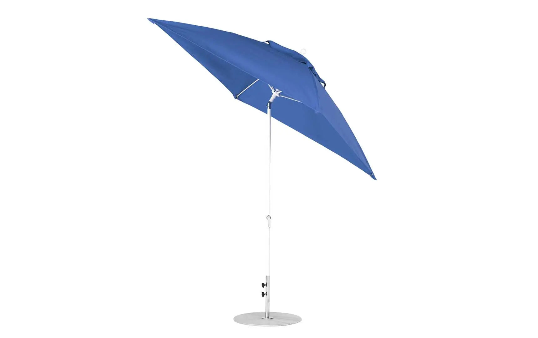 7.5-foot square crank auto tilt essential fiberglass umbrella in white with wooden ribs and silver accents