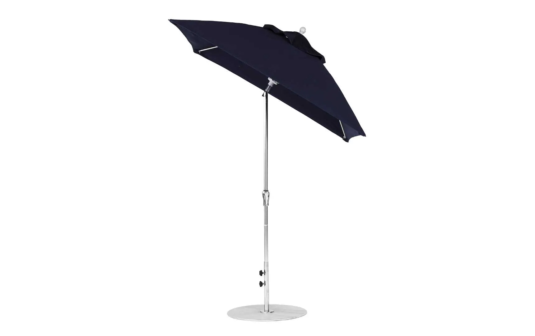 7.5-foot square crank auto tilt essential fiberglass umbrella in white with wooden frame and black base