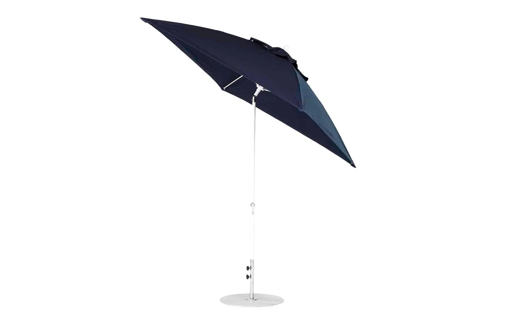 7.5-foot square crank auto tilt essential fiberglass umbrella in white with wooden frame and black base