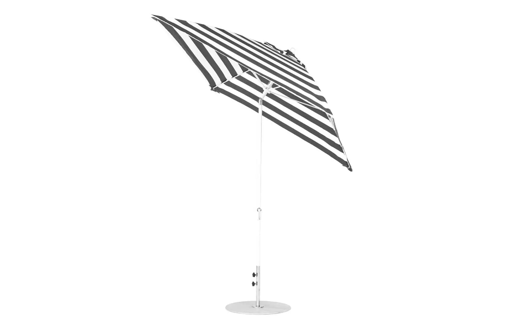 7.5-foot square crank auto tilt essential fiberglass umbrella in white with black ribs and base
