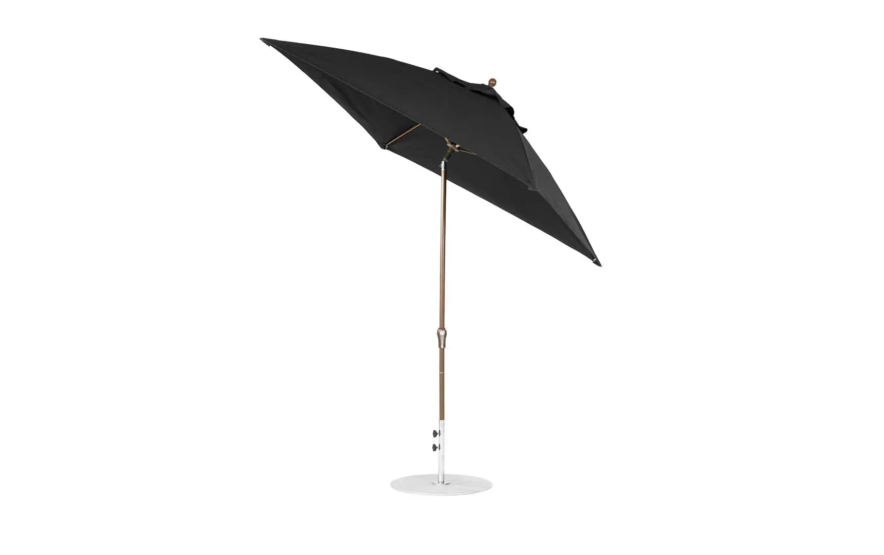 7.5-foot square crank auto tilt essential fiberglass umbrella in white with wooden frame and black base