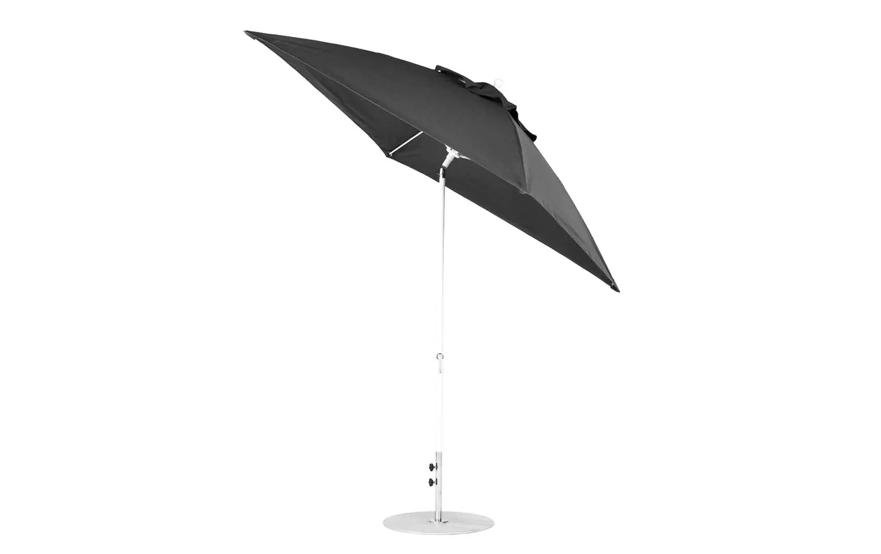 7.5-foot square crank auto tilt essential fiberglass umbrella in white with wooden ribs and black base